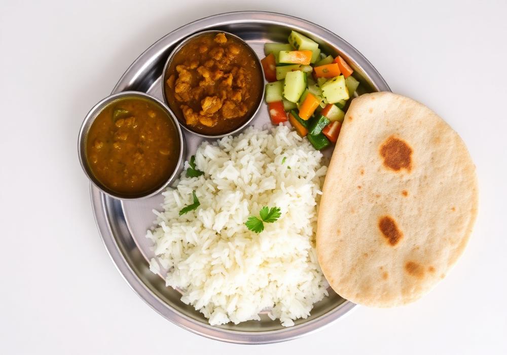 Simple thali with dal, rice, vegetables and roti