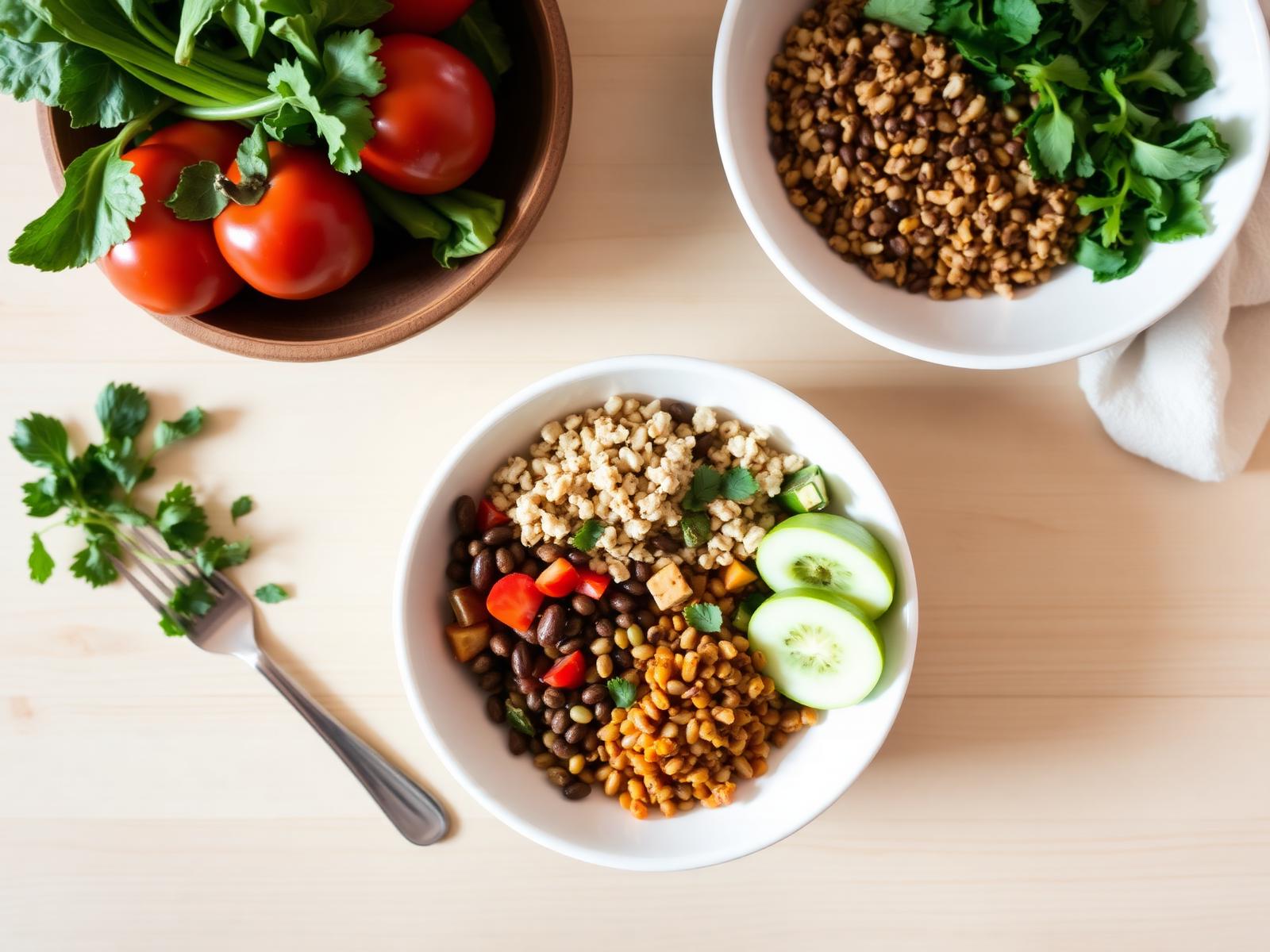 Healthy meal bowl with grains, vegetables and lentils